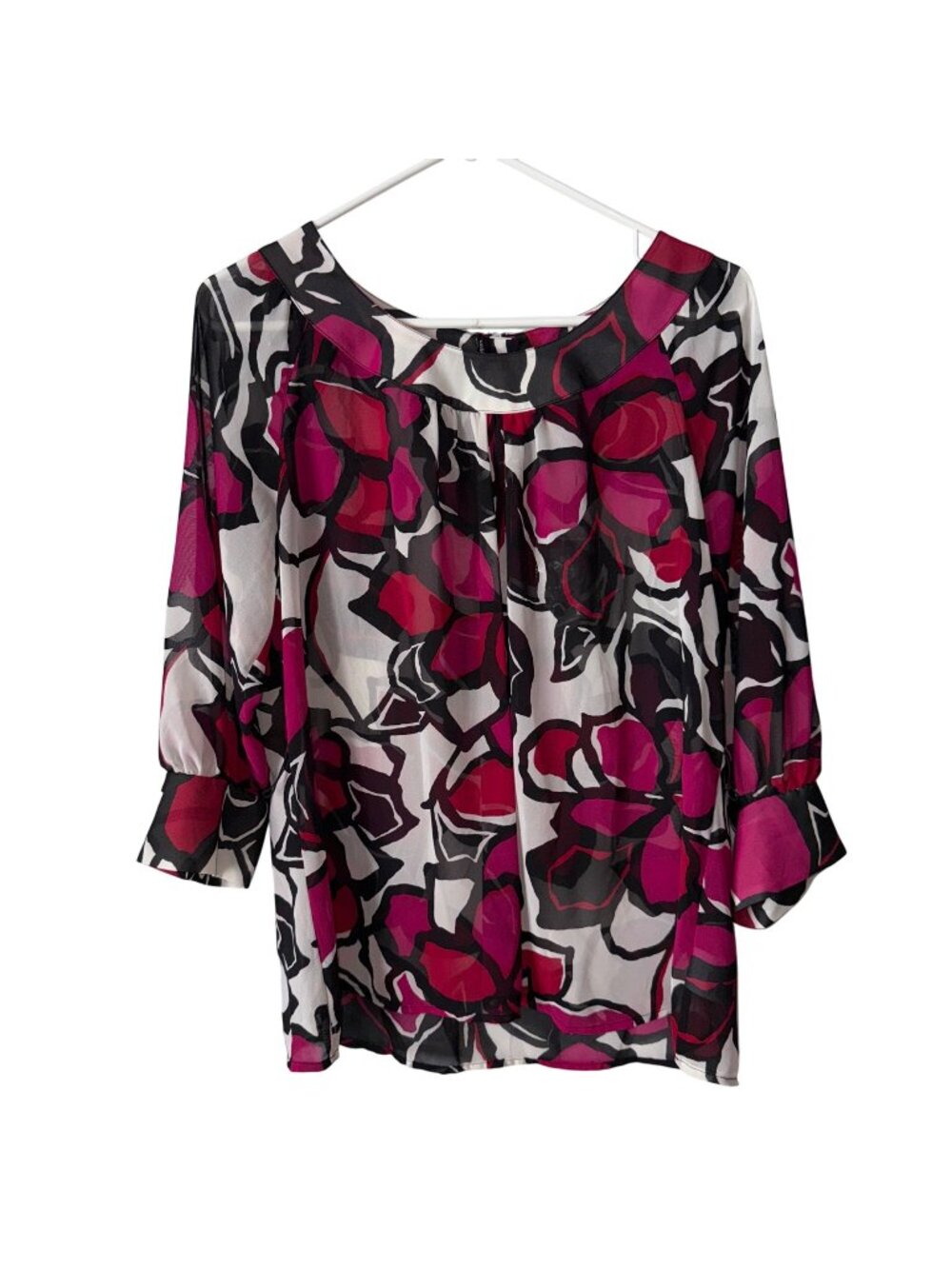 NWT Worthington Womens Large Sheer Floral Blouse Pink Red Black White